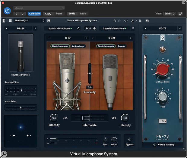 By default, the VMS plug‑in lets you apply a single microphone emulation to your ML‑2A recordings. However, by engaging the Dual switch at the top, you can load up a second mic model, blending the characteristics of the two using the Interpolate slider.