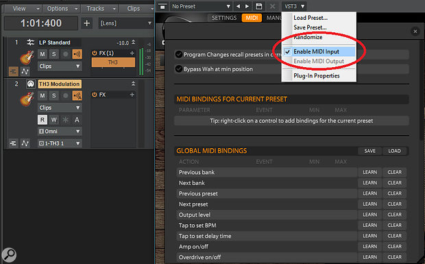 To take advantage of controlling TH3 with MIDI data, enable MIDI input from the VST3 drop-down menu.