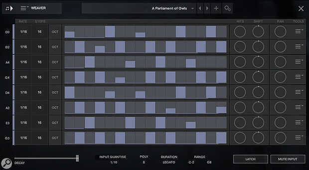 Soniccouture’s ‘Weaver’ feature can be used to generate polyrhythms of up to eight independent parts, a great way of creating exciting rhythmic ostinatos.