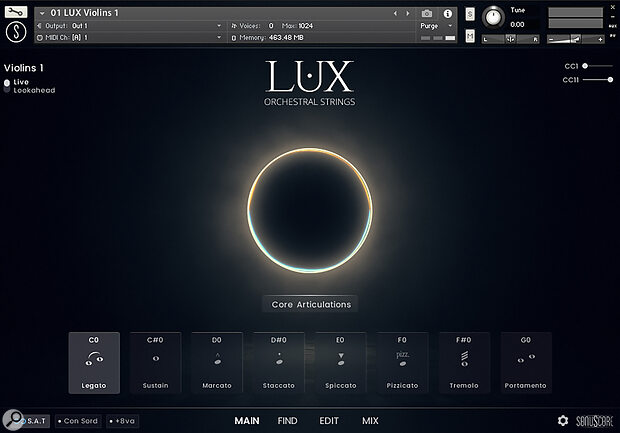 The Main page, showing the core articulation set. Choose from 12 preset articulation sets (13 for Violins 1), or you can create and save your own custom selections.