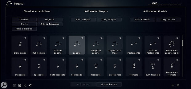 Customise your articulation sets on the Find page — shown here are 18 articulations from the first violins’ array of 115.