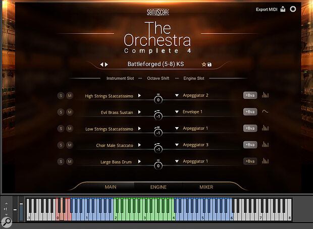 The playable range for each preset/instrument is marked in blue on the keyboard. Animated Orchestra presets, “optimised to sound best in the two octaves around middle C”, according to Sonuscore, are marked in green.