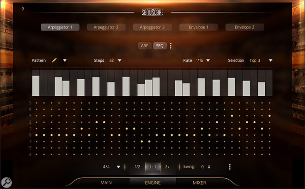 Use the Arpeggiator (Arp) and Sequence Customizer (Seq) together to create rhythmic patterns and customise the pitch of each step within a sequence.