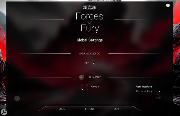 The Settings wheel on the top right of the main window allows you to change the skin of your user interface and access the Humanize feature to add subtle imperfections to your arrangements for a more human feel.