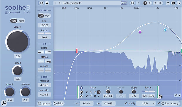 The new Max Cut parameter imposes a hard limit on how much attenuation Soothe can apply at any given frequency.