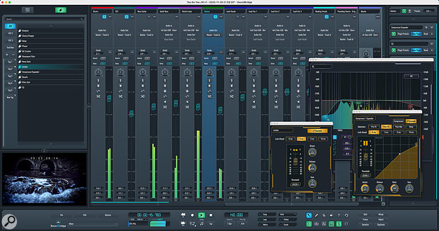 The Mixer window provides flexibility in expanding/collapsing track groups. The Plugin Browser (far left) makes it easy to add insert effects on the selected track within the Insert Rack (far right).