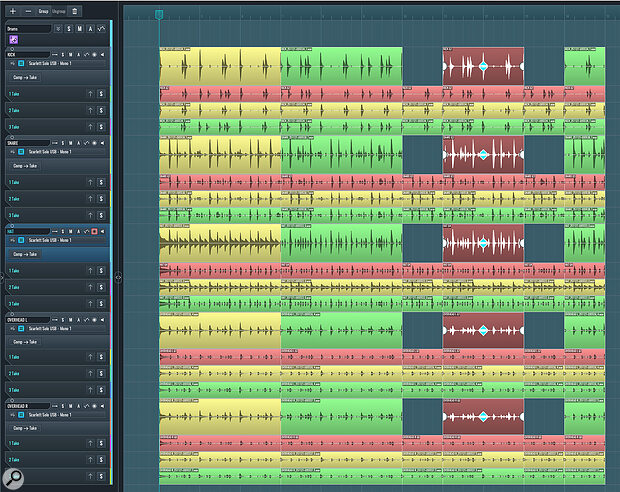 Comping from multiple takes is well executed and, as shown here, includes support for multi‑channel comping from things such as multitracked drum recordings.