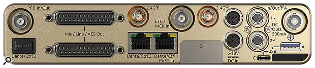 Channel output is on two DB25 connectors, and can be either analogue (mic or line level) or digital (AES3 or AES59). There is provision for multiple antannae, Ethernet control and PoE, dual‑redundant power supplies, and Dante networking. The USB‑A port is for connecting a keyboard for naming channels, pairing with transmitters, battery charging and firmware/licence updates.