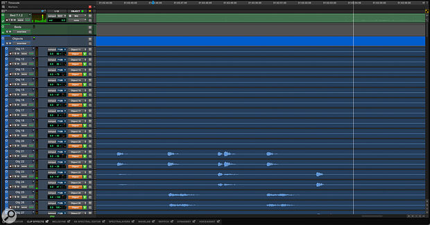 Object tracks are positioned using panning metadata to control the Atmos Renderer.