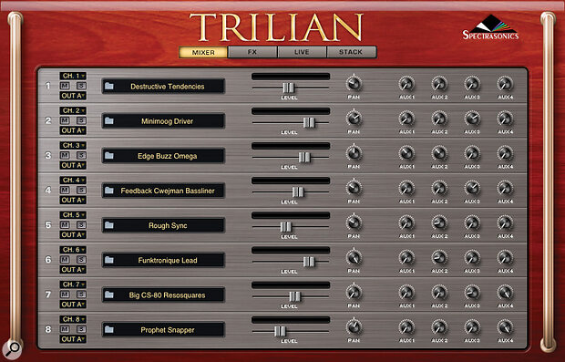 Steam's eight‑way multis have four aux sends for global FX as well as individual instrument effects.