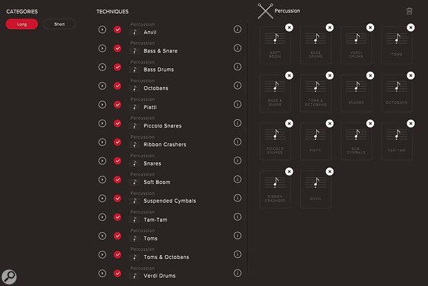 To speed up workflow, you can pre‑select which articulations or presets are loaded in a patch by ticking or unticking them. Shown here are Abbey Road One’s 14 percussion presets, which all work within a single patch.