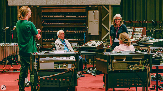 L‑R: Jared Fountain of Spitfire Audio, Roger Limb, Glynis Jones & Mark Ayres pictured at BBC Maida Vale Studios, July 2023.