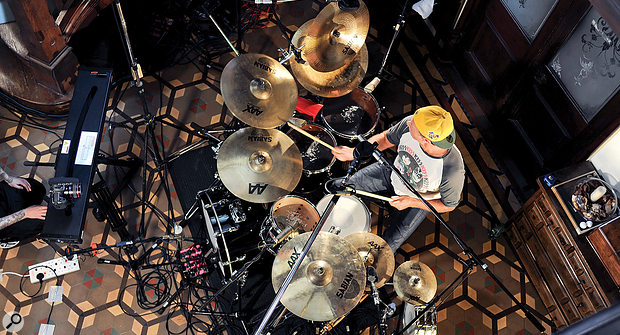 Chad Smith miked up and ready to go in the Headley Grange stairwell.