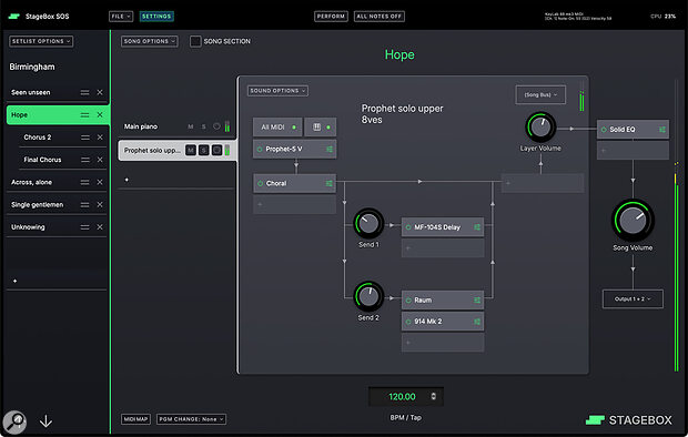 The cool, clear environment of StageBox in its Edit mode. Songs are ordered in a Setlist at far left, and individual plug‑in‑based sounds and processing configured in the main part of the window.