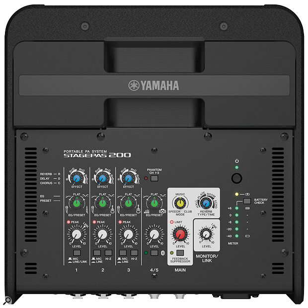 The Stagepas 200’s integral mixer can accommodate three mic/line signals (of which two can also be switched to high‑impedance instrument mode), and a stereo line input. This last channel can also accept a stereo Bluetooth stream.