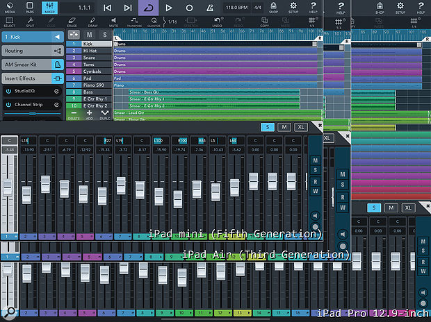 What a difference a display makes. Here you can see two approaches adopted by apps when handling the different display sizes offered by an iPad mini and the larger canvases of the iPad Air and iPad Pro 12.9-inch. While Cubasis scales the controls, as you might expect, GarageBand presents two distinct views, with the largest revealing part of the Tracks view alongside the step sequencer.