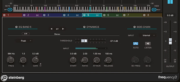 Frequency 2 includes a single‑band view for more detailed control and access to the side‑chain options.