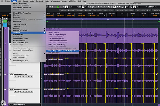 The AudioWarp system has been significantly upgraded, with operation within the Project window, phase‑coherent multitrack warping, and the ability to copy/paste Warp Markers between events.