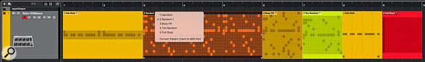 Pattern Events can be used on a suitable Track in the Project window, such as a Drum Track, to trigger a pattern created in the Pattern Editor for that track. Which pattern is referenced by an Event is shown in the top‑left corner, and you can click this identifier to switch between projects or convert the current Pattern Event to a MIDI part via a pop‑up menu as shown. Note the MIDI part amongst the Pattern Events, which has been converted from the Hat+Kick Pattern.