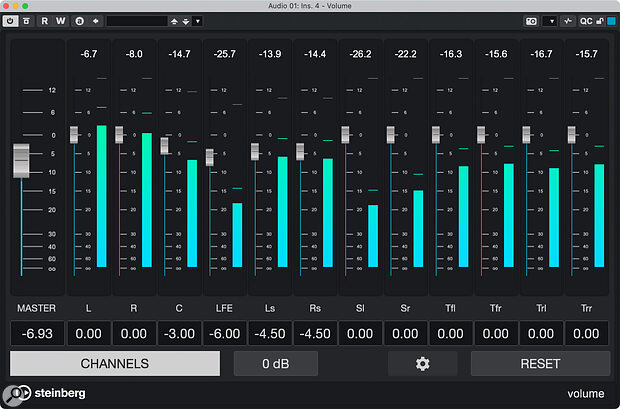 The new Volume plug‑in is particularly handy when inserted on channels with a wide Configuration, such as the 7.1.4 instance shown here. As with the other new plug‑ins included with Cubase 14, Volume’s interface usefully scales to the size of the window.