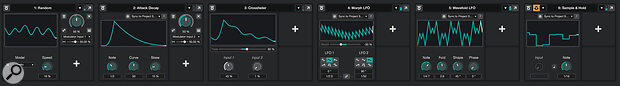 Cubase 15 features six new modulators. Note the outputs of the Random and Attack Decay modulators are routed to the inputs of the Crossfader modulator. The Sample & Hold modulator is using the output of an audio track as a side‑chain source.