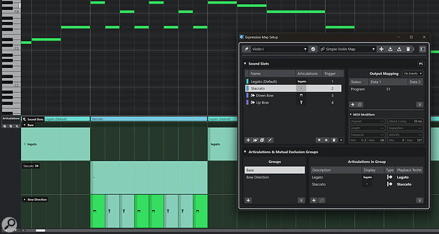 Both the Expression Map Setup window and the way in which playing techniques are represented in the Key Editor’s Articulation Lane have been redesigned in Cubase 15. Note the ‘Bowing Direction’ group has been consolidated into a single lane.