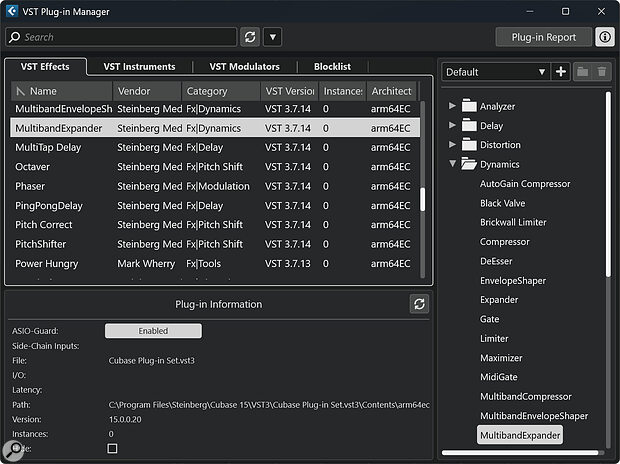 The Plug‑in Manager’s appearance has been modernised in Cubase 15. Because this screenshot was captured on the Windows‑on‑ARM version of Cubase, the Architecture column identifies plug‑ins that natively support the ARM64EC environment.