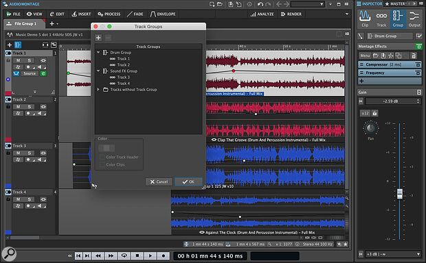 The combination of the new Track Groups (shown here) and Track Lane systems create some considerable audio routing flexibility for WaveLab projects.