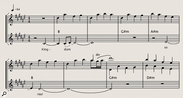 Diagram 5: The repeated chorus of Anathema's 'Kingdom' — the sparse vocal moves at a slower rate than the insistent quarter-note violins part.