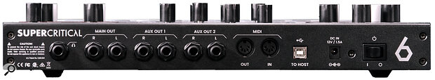On the back panel are quarter‑inch sockets for headphones, stereo main outputs and two sets of aux outputs. These are accompanied by some MIDI ports of the time‑honoured five‑pin DIN variety, a USB‑B port, an input for the external power supply, and a power switch.
