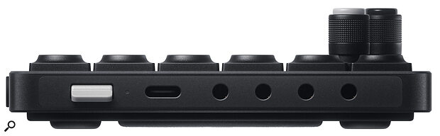 External sockets are found at the side and include a USB‑C port and 3.5mm sockets for audio I/O, MIDI in and a multi‑function MIDI/CV/sync/audio out port.