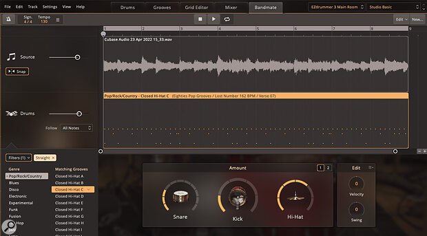 The new Bandmate window makes it incredibly easy to find the perfect groove to match your own audio or MIDI performances.