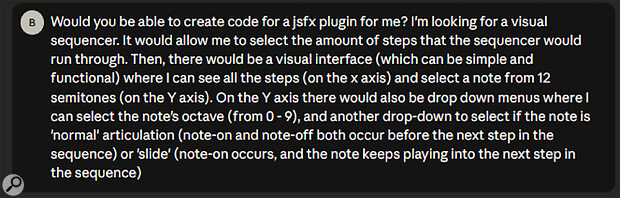 Screen 1: The initial prompt used to create the first version of my sequencer plug‑in code.