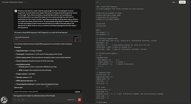 Screen 2: Once Claude has generated the code (right), it can be copied and pasted into Reaper’s plug‑in window.