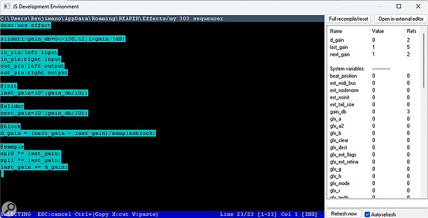 Screen 3: Select and delete the default Reaper plug‑in code, highlighted blue here, and paste in the code generated by Claude.