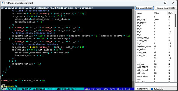 Screen 5: This plug‑in code has generated an error, shown in blue at the bottom of Reaper’s JSFX window.