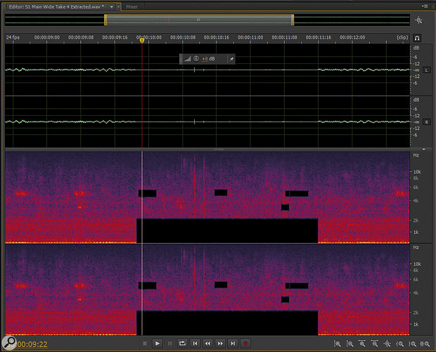 Audition's spectral editor is quick and easy to use. Here I've simply deleted sections, but the Spot Healing Brush would sound more transparent.