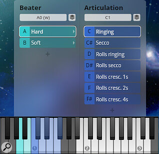 The Vienna Synchron Player's 'Dimension Tree' is a flexible switching system which shows all the available playing styles for an instrument. Coloured keys on the GUI keyboard correspond to the colour-coded 'dimension' slots. Note that the currently selected keyswitches (in this case, A0 and C1) are displayed with a darker colour.