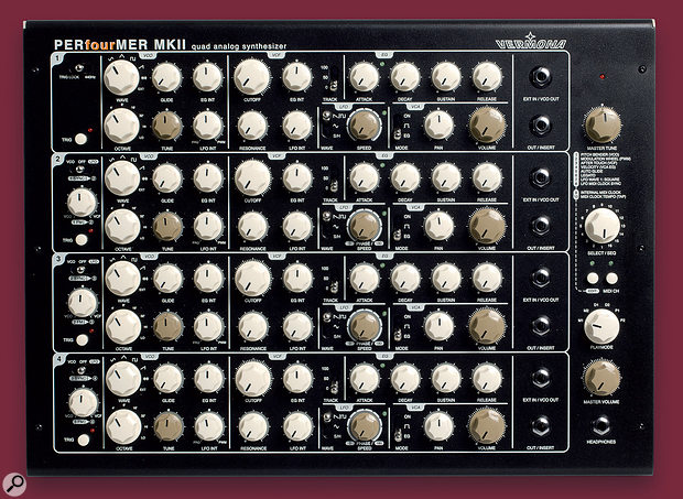 The Perfourmer 2's front panel is clearly divided into four individual synth sections — one for each voice. To the right are the instrument's master controls. 