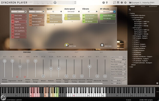 The Synchron Player contains all of an instrument’s available articulations, with colour‑coded keyswitches enabling you to switch artics in real time.