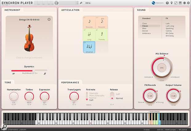 Flow’s simplified control panel uses a maximum of five switchable playing styles, one of which is the new Universal playing mode, which tracks your performance and automatically switches articulations in real time.