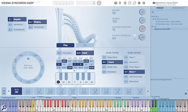 The ingenious Synchron Harp Player design replicates the harp’s pedalling system, enabling you to perform glissando sweeps on the keyboard white notes in a scale or chord variant of your choice. Alternatively, you can play it chromatically.