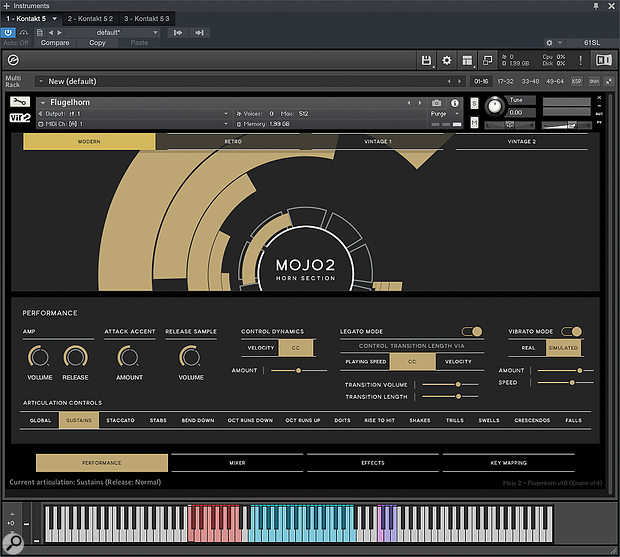 Mojo 2's interface is cool, clear and business-like. Here the Sustains page of the 2GB Flugelhorn patch is shown with Legato and Simulated Vibrato modes enabled.