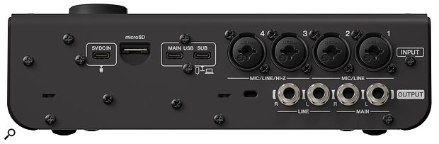 Round the back we find three USB‑C ports, a microSD card slot, four combi XLR/jack socket audio inputs and four quarter‑inch audio outputs.