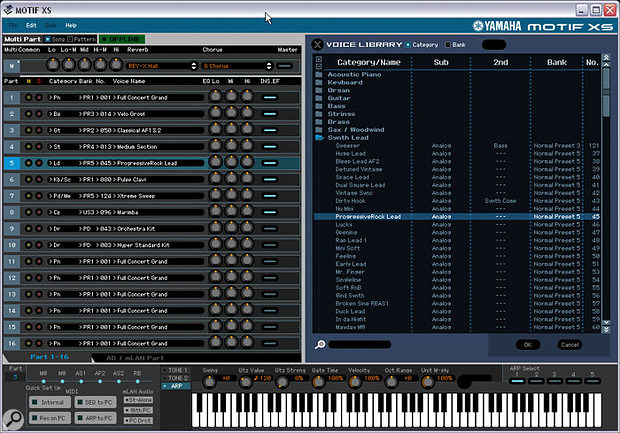 Yamaha's Motif XS editor software: The  Voice library 'Voice selection' window that opens when you click on any Part's instrument names.