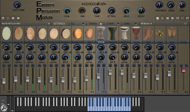 EPM uses Kontakt’s large-format GUI. When EPM is in Play mode, any one of the 15 instruments can be selected to be played live. The Dohola is currently selected, its playable range of articulations is shown on Kontakt’s keyboard display. The top centre row of knobs control the tuning and envelope for that particular instrument — the Type knob selects several optional variations of Dohola.