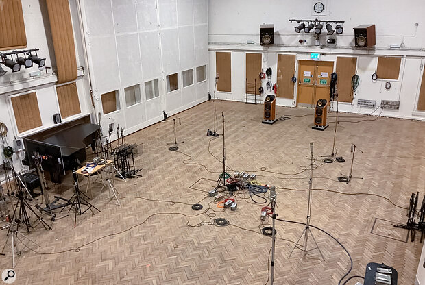 To create ambiences for the immersive remix of Ziggy Stardust, Ken Scott played stems out through a pair of large floor‑standing B&W monitors into Abbey Road Studio 2 and re‑recorded them using a variety of microphones placed around the room. In the event, it was the Core Audio OctoMic in the centre of the room that provided the best results.