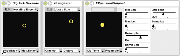 VST plug-in effects can be used within Live, and by default they are displayed in 'skins' that mimic the built-in effects, allowing the use of the mouse as an X-Y controller.