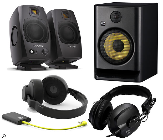 Clockwise from top left: ADAM Audio D3V, KRK Rokit 8 G5, Fostex T50RPMK4, AIAIAI TMA-2 Studio Wireless.