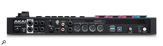 At the back of the MPC Live we find a master volume control, a 3.5mm headphone socket, six quarter-inch audio outputs, a pair of phono inputs (with associated input level control, grounding post and line/phono level switch), quarter-inch audio inputs, two pairs of MIDI I/O ports, three USB ports and a socket for the external power supply. 